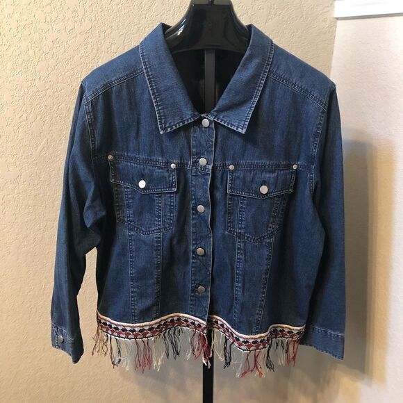 Carole Little Crochet/ Fringed Denim Jacket Sz  24 - Picture 1 of 9